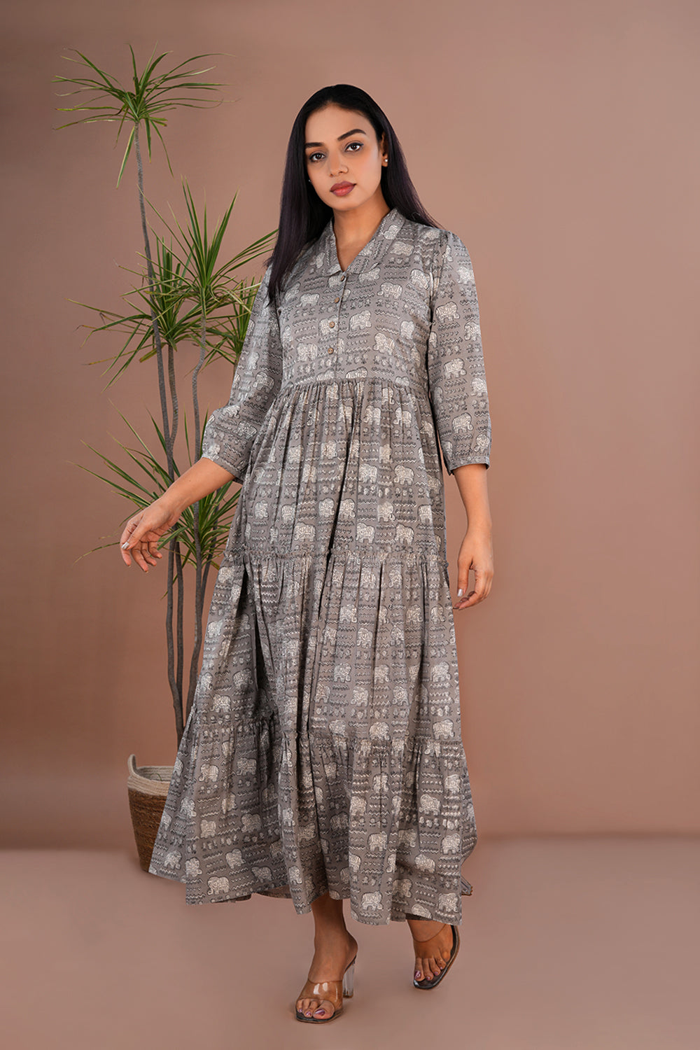 Image of Grey Bagru long tiered dress